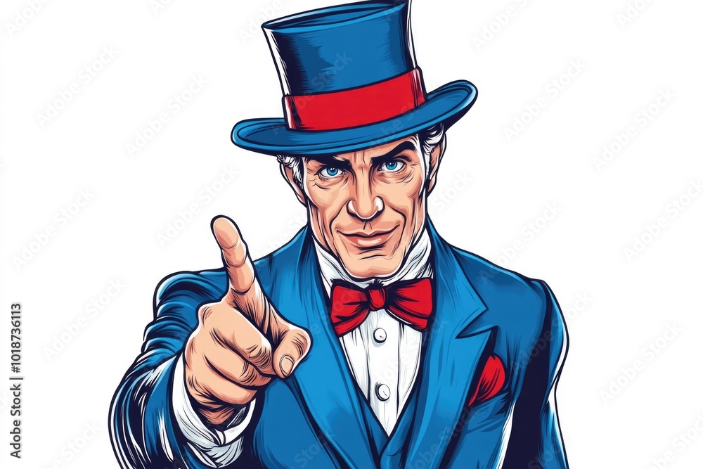 A gentleman in a traditional top hat gesturing towards the viewer A gentleman in a traditional top hat gesturing towards the viewer