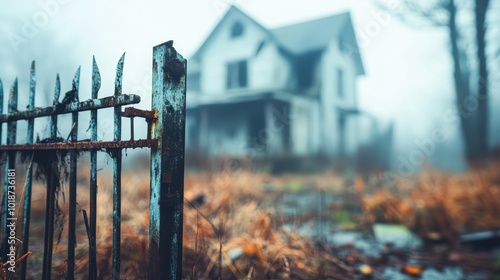 An old, rusty gate leads to an abandoned, eerie house in the background, surrounded by fog and overgrown vegetation, ideal for horror-themed projects or a spooky atmosphere, photo