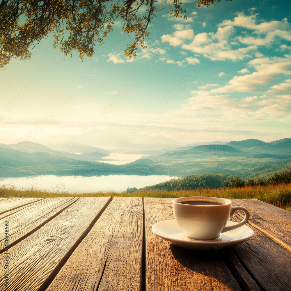 serene coffee cup on wooden table overlooks breathtaking landscape, featuring mountains and tranquil lake under beautiful sky