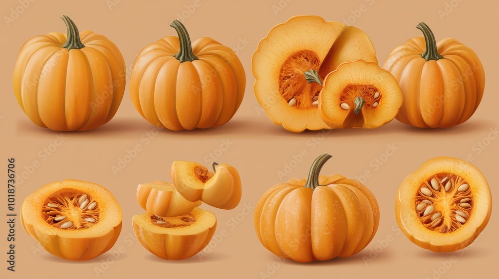 Set of fresh whole and sliced pumpkin Set of fresh whole and sliced pumpkin