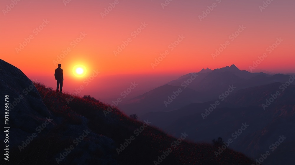A sunset fading behind a mountain, a person standing in the shadows. A sunset fading behind a mountain, a person standing in the shadows.