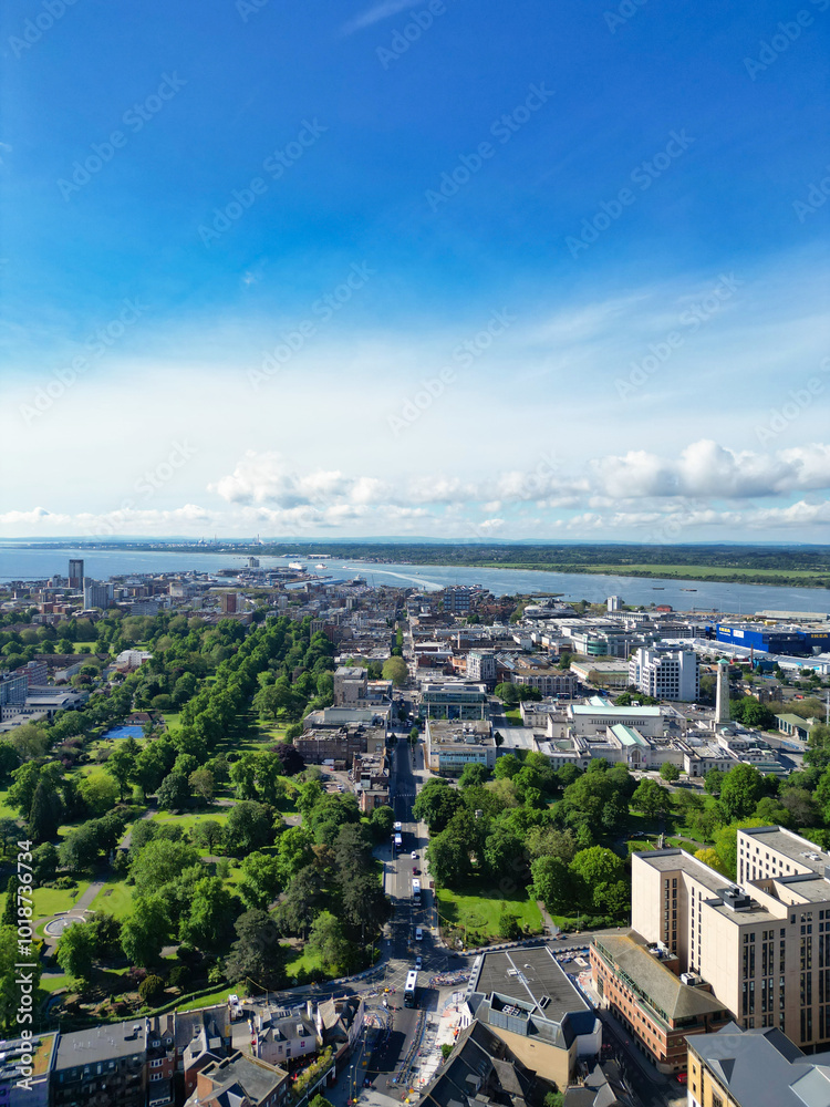 Fototapeta premium Aerial View of Southampton Port City of South England Coast, United Kingdom. May 17th, 2024. Drone's Camera Footage from Altitude.