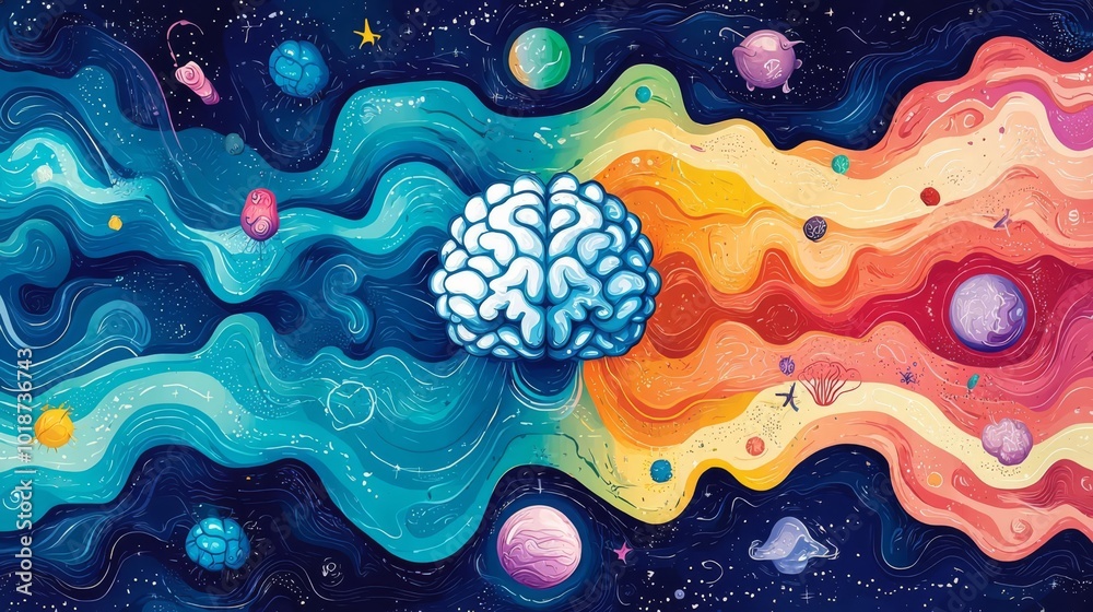 Colorful cosmic illustration of a brain with vibrant space background, symbolizing imagination, creativity, and infinite possibilities. Colorful cosmic illustration of a brain with vibrant space background, symbolizing imagination, creativity, and infinite possibilities.