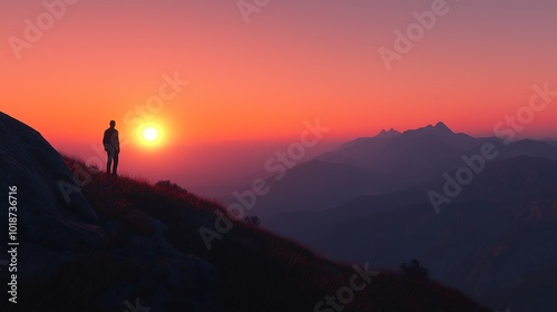 A sunset fading behind a mountain, a person standing in the shadows.