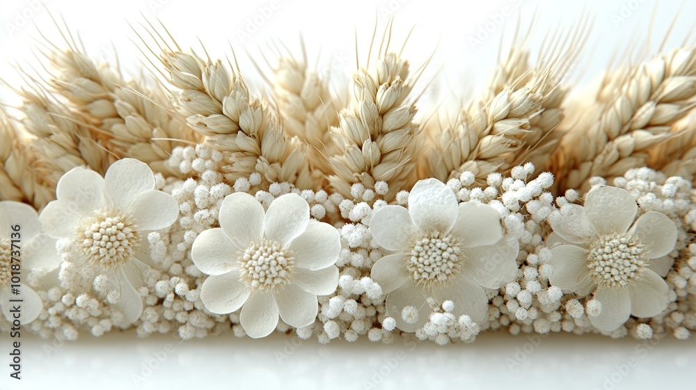 Obraz premium White flowers and wheat arrangement for decoration.