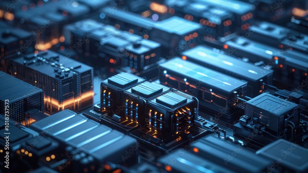 A futuristic energy storage facility using cutting-edge battery technologies, with sleek designs and glowing energy systems. Modern and tech-driven with clean lines.