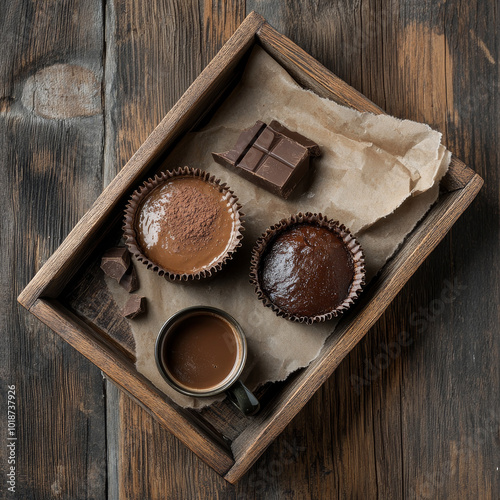 Delight in rich flavors of chocolate souffle served in individual baking cups, accompanied by cup of coffee and chocolate pieces, perfect for cozy treat photo