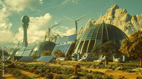 A futuristic farm utilizing renewable energy sources like solar panels and wind turbines to power sustainable agriculture practices. Clean, green visuals. photo