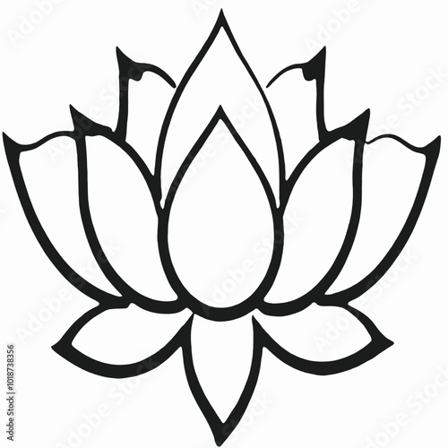 A black and white line drawing of a lotus flower with multiple petals