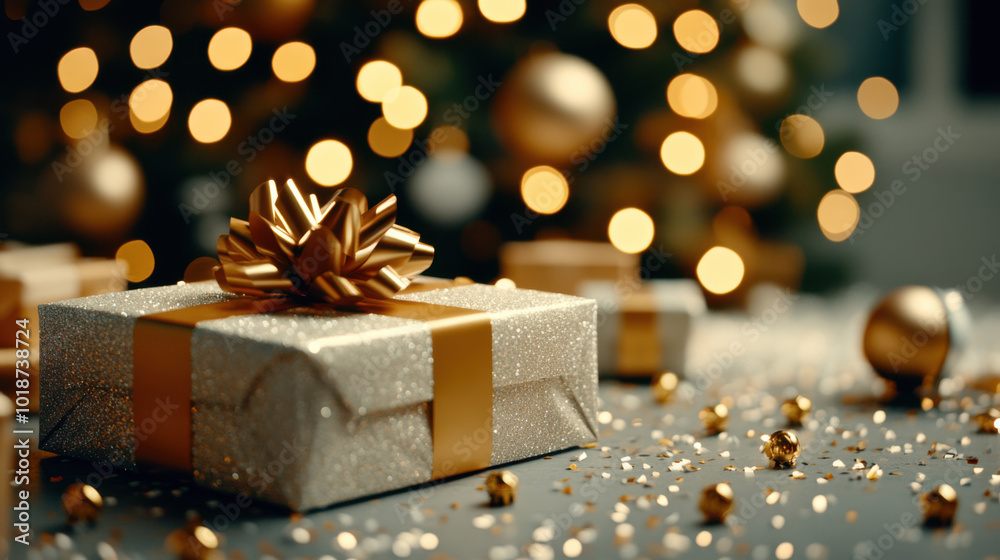 Festive bokeh lights glow in the background, accentuating a beautifully wrapped golden gift with a delicate ribbon. Festive bokeh lights glow in the background, accentuating a beautifully wrapped golden gift with a delicate ribbon.