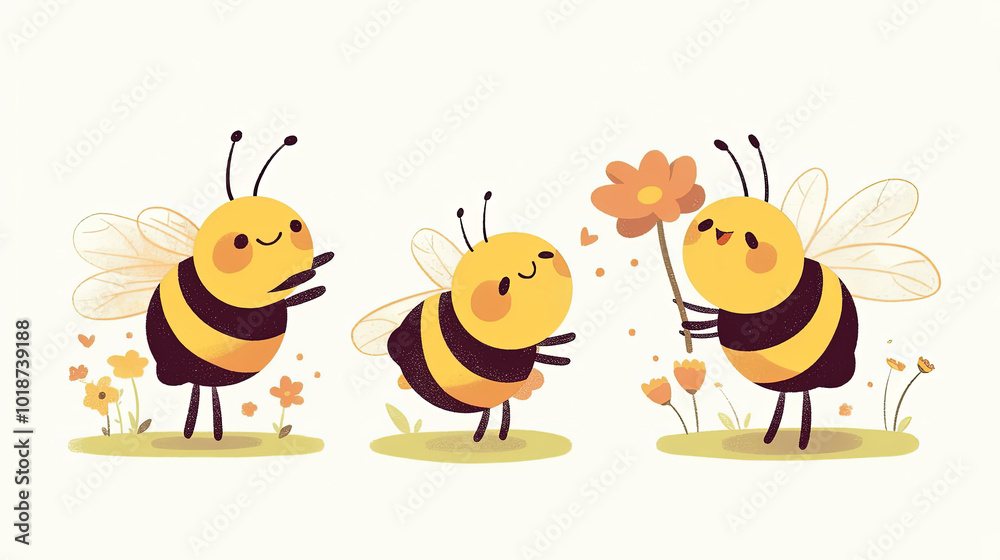 Fototapeta premium set of Cute cartoon bee illustrations in watercolor style with bold outlines. chibi style, No shadows. Minimalist children's illustration