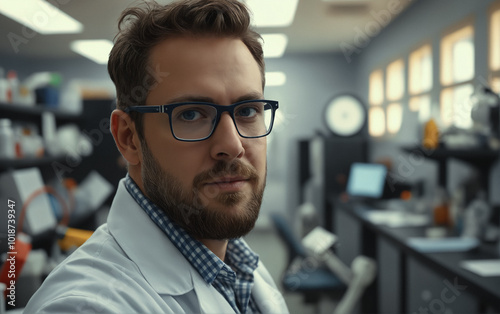 Male doctor laboratory assistant in a white coat in a chemical laboratory against the background of shelves with chemical reagents.