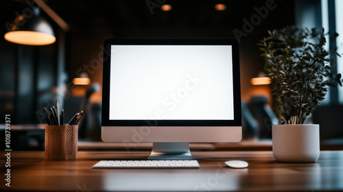 A pristine computer setup adorns a wooden desk, bathed in understated light, with an inviting, sophisticated ambiance for focused work.