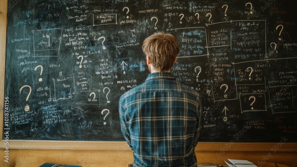 Student pondering over complex equations on a chalkboard. Student pondering over complex equations on a chalkboard.