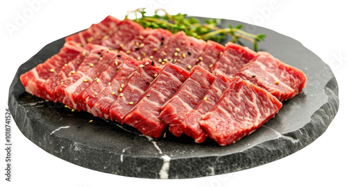 PNG Premium Rare Slices sirloin Wagyu A5 beef on stone plate steak slice meat.