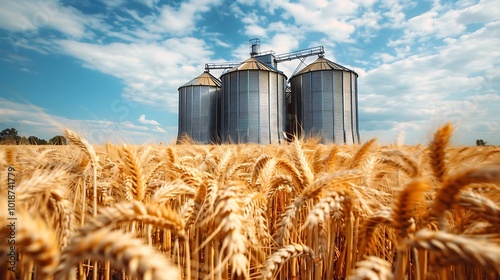 Agricultural Silos on a wheat field with blue sky