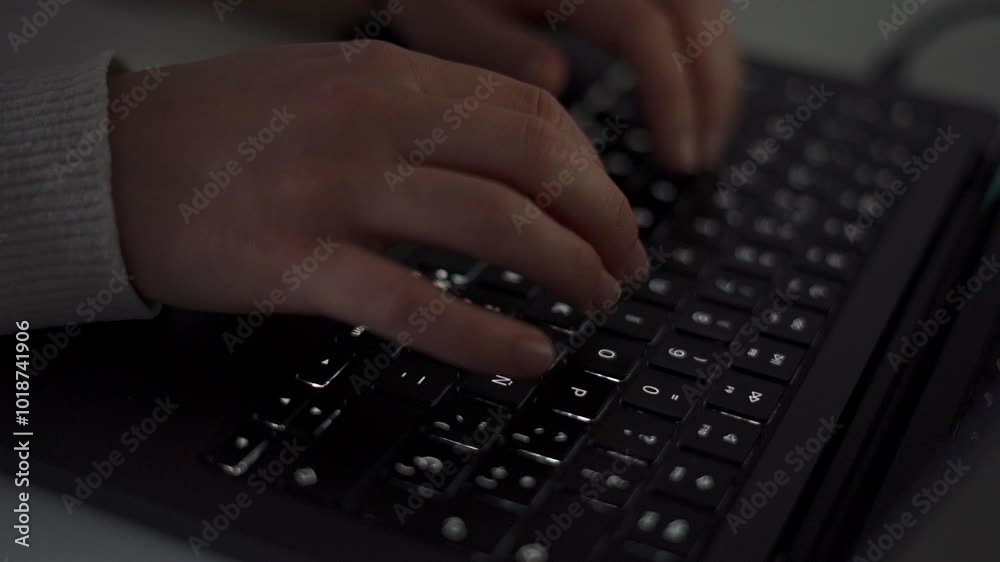 close-up of hands typing on a laptop keyboard in a softly lit environment. close-up of hands typing on a laptop keyboard in a softly lit environment.