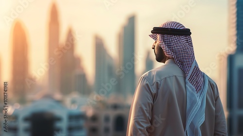 Arabic businessman looking cityscape background at sunset