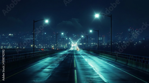 Nighttime Highway with City Lights in the Background. AI generated illustration