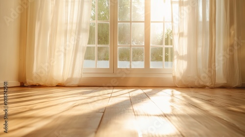 Sunlight streams through a large window, casting warm, soft light onto a polished wooden floor. Sheer curtains frame the view of a serene outdoor scene.