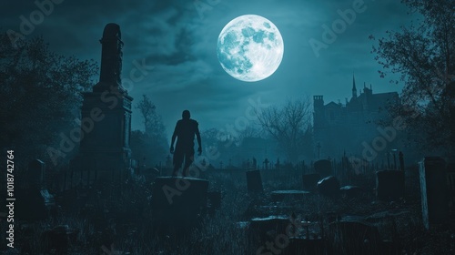 Zombie Rising Out Of A Graveyard cemetery In Spooky dark Night full moon. Holiday event halloween background concept.