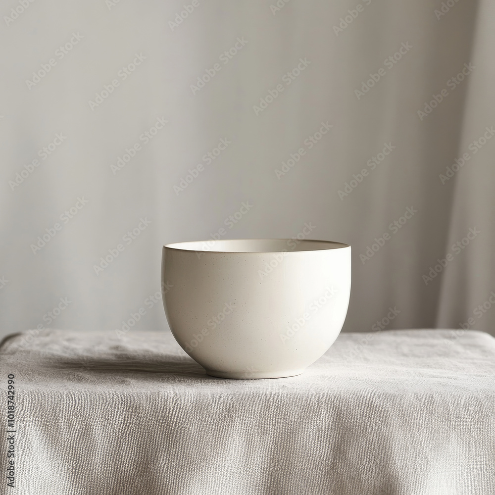 simple white porcelain bowl sits elegantly on soft linen tablecloth, creating serene and minimalist atmosphere. smooth surface and subtle texture enhance its aesthetic appeal