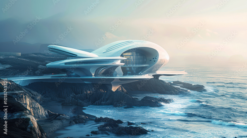 Fototapeta premium A futuristic tidal energy plant harnessing the power of ocean tides with sleek, cutting-edge technology integrated into a coastal landscape. Clean and modern tone.