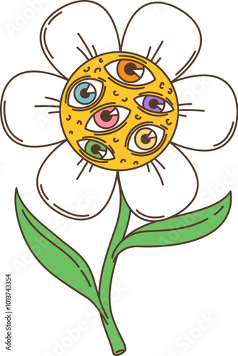 Cartoon retro groovy daisy flower hippie character. Isolated vector psychedelic, trippy chamomile blossom personage with multiple eyes, green leaves and white petals exudes laid-back summer vibes