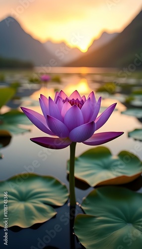 Blooming Purple Lotus Water Lily in Full Bloom Floating on a Pond Aquatic Leaves Nymphaeaceae