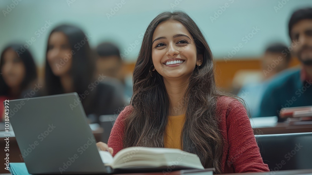 Happy Indian student smiling in classroom with laptop and books, surrounded by peers Happy Indian student smiling in classroom with laptop and books, surrounded by peers