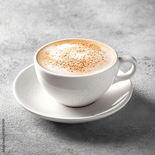 warm cup of cappuccino coffee sits elegantly on white saucer, showcasing its creamy froth and delicate sprinkle of cocoa. This inviting scene evokes sense of comfort and relaxation