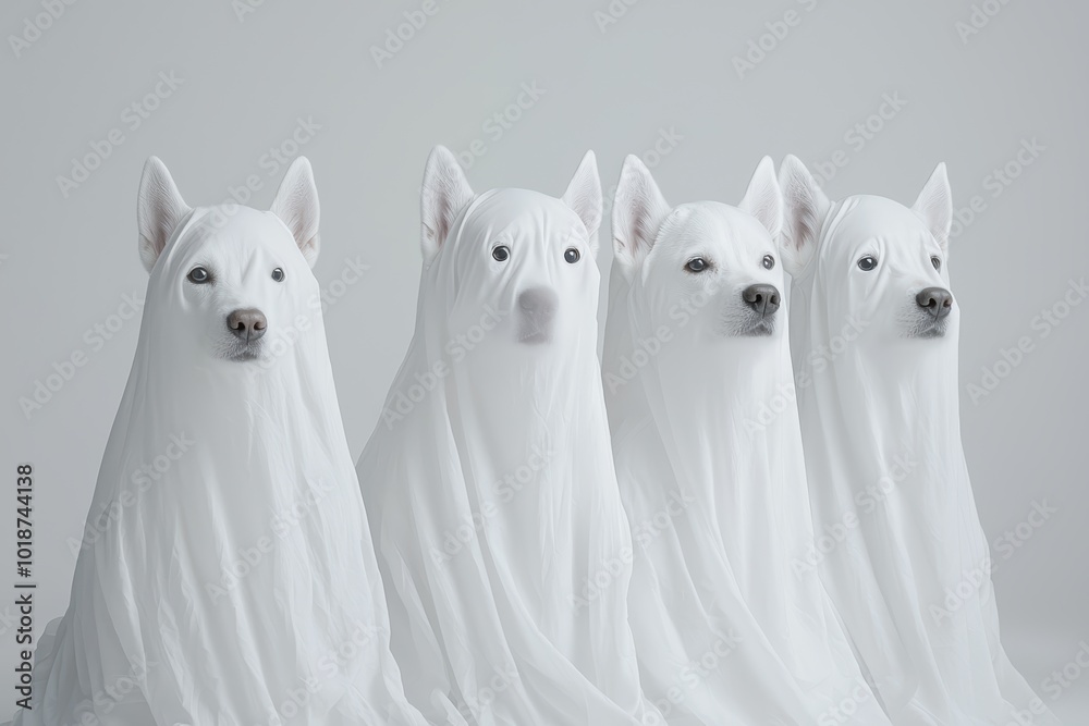 Fototapeta premium Adorable puppies dressed in ghost costumes, sitting in a row with playful expressions, perfect for Halloween-themed ads, pet care promotions, or cute festive visuals