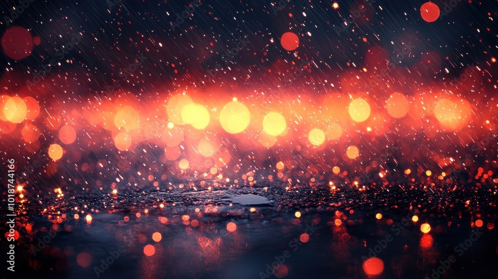 Vibrant bokeh lights shining through falling rain create a captivating atmosphere during a nighttime downpour Vibrant bokeh lights shining through falling rain create a captivating atmosphere during a nighttime downpour