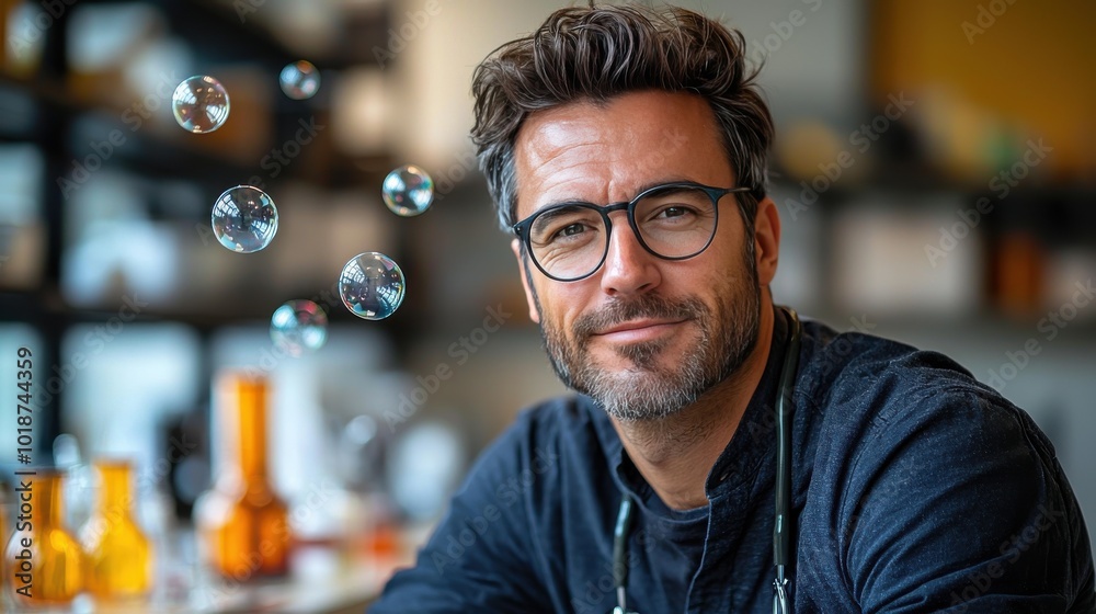 A man with glasses smiles at the camera in a laboratory setting surrounded by glassware and bubbles during daylight hours
