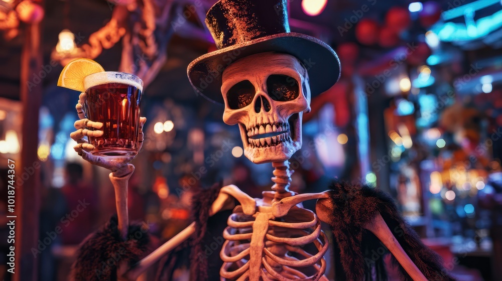 A skeleton character wide mouth, and top hat holding a drink, surrounded advertising a Halloween party with free drinks on October 31st banner for the halloween created with generative ai A skeleton character wide mouth, and top hat holding a drink, surrounded advertising a Halloween party with free drinks on October 31st banner for the halloween created with generative ai