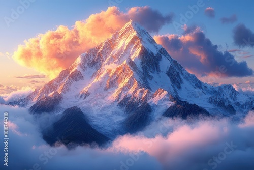 majestic mountain range with snowcapped peaks piercing through a sea of fluffy clouds bathed in warm golden light at sunset creating a breathtaking panoramic vista