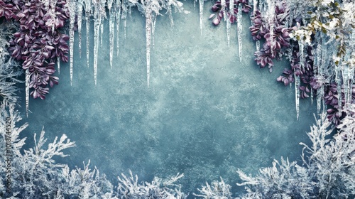 Frozen Branches and Icicles Bordering a Blue Background photo