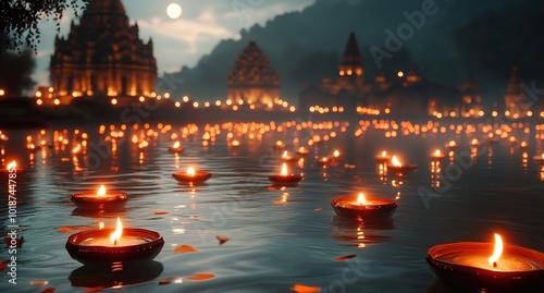 A cinematic scene of the Indian festival Diwali, with glowing oil lamps floating in the water against a temple background