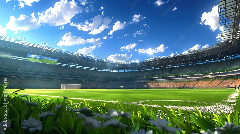 Fototapeta premium Beautiful football stadium with grass and blue sky