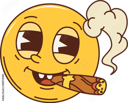 Cartoon retro groovy smoking smile face. Isolated vector relaxed character enjoying marihuana or nicotine. Hippie yellow face expression, smoking a cigarette with smoke swirling around the face