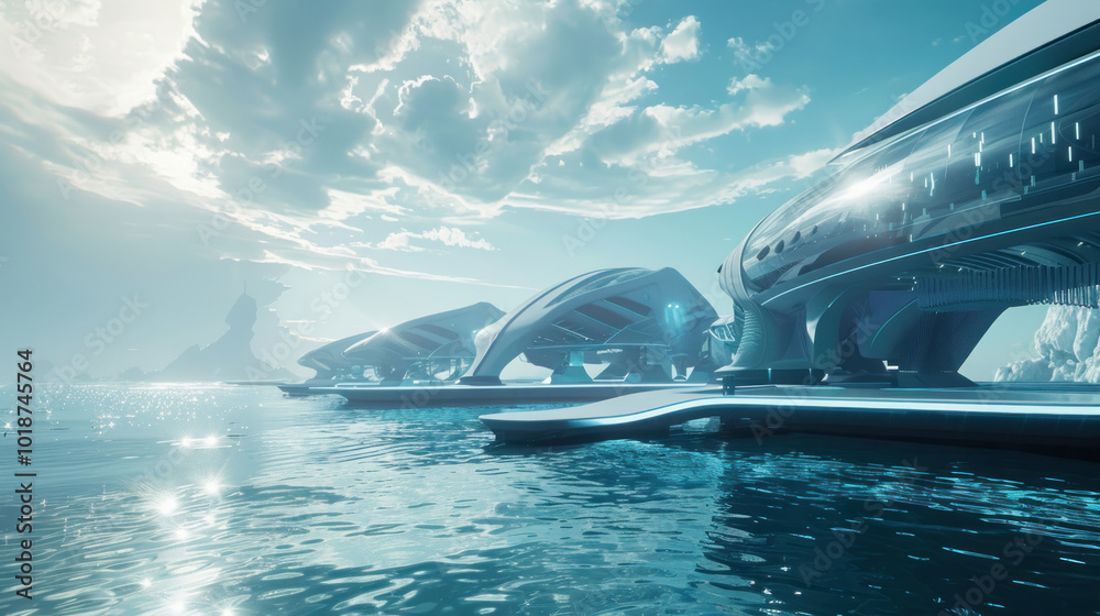Obraz premium A global innovation conference showcasing the latest advancements in tidal energy technologies, set in a futuristic, coastal venue. Clean, professional visuals.