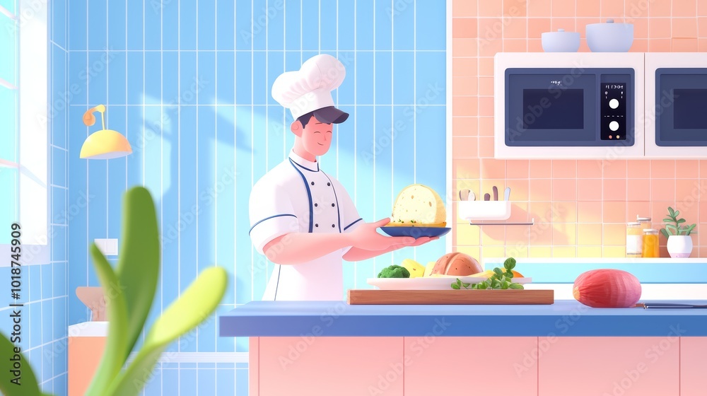 Cartoon-style chef preparing a healthy meal in a colorful kitchen, perfect for food-related content, cooking apps, or fun animated culinary storytelling Cartoon-style chef preparing a healthy meal in a colorful kitchen, perfect for food-related content, cooking apps, or fun animated culinary storytelling