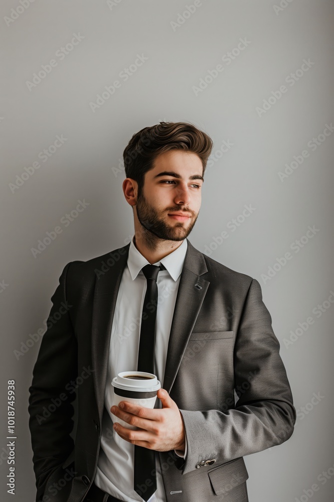 Young professional against a plain backdrop, holding coffee and looking towards the future with optimism and style. Young professional against a plain backdrop, holding coffee and looking towards the future with optimism and style.