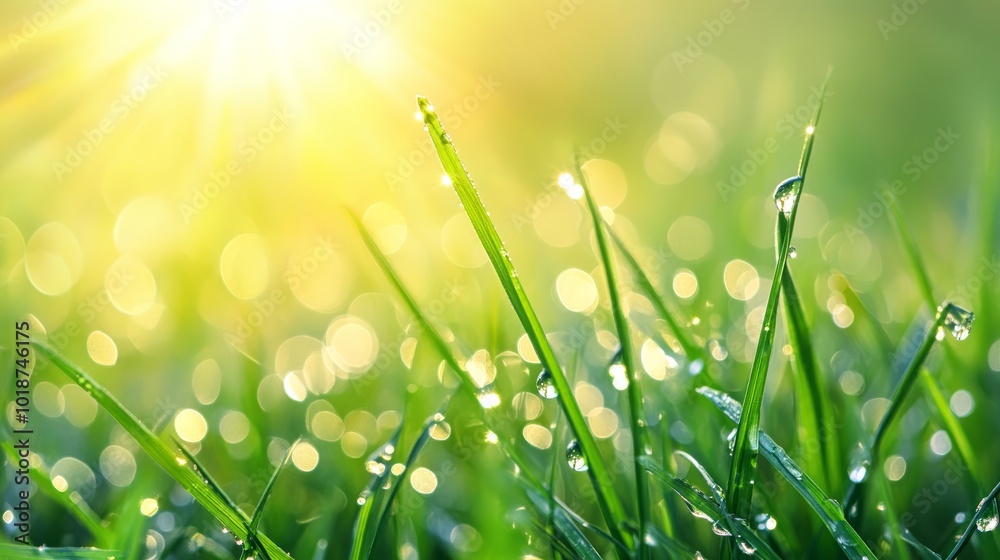 Fototapeta premium Dew drops on blades of grass illuminated by the morning sun.