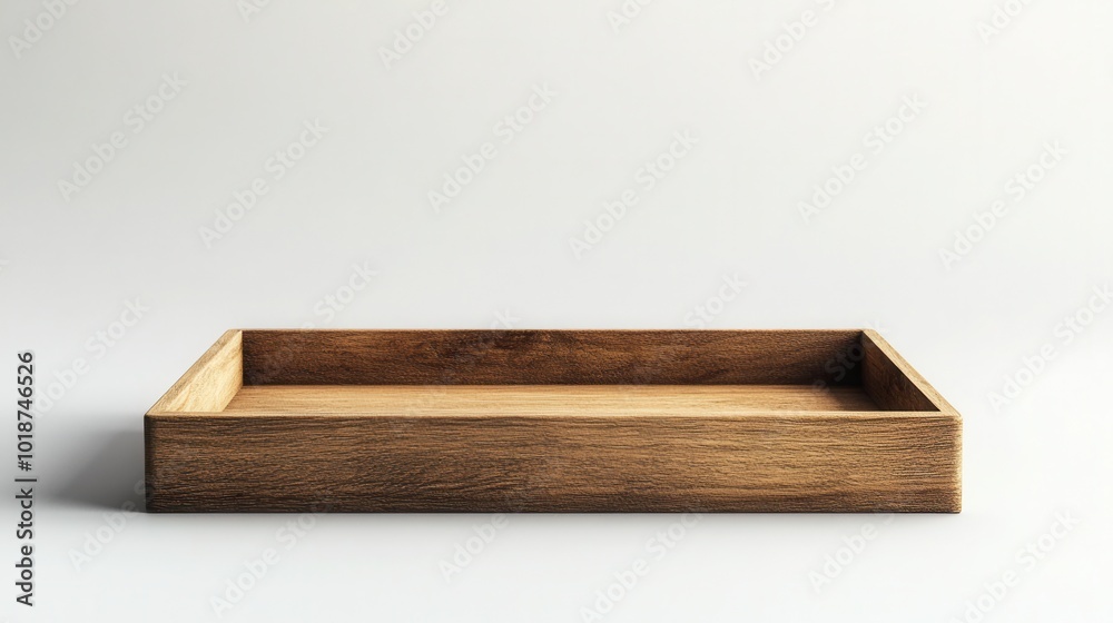 A high-quality, empty wooden tray placed on a bright white background. A high-quality, empty wooden tray placed on a bright white background.