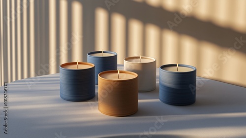 A set of five candles casting soft shadows with sunlight streaming through blinds, creating a warm ambiance.