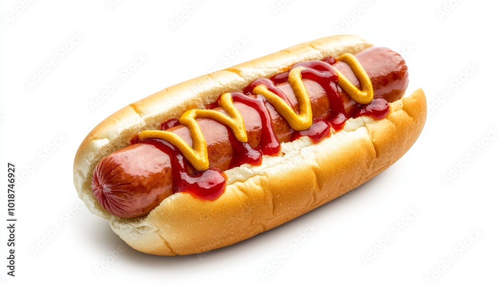 Classic hot dog with mustard and ketchup, isolated on a white background, soft bun and juicy sausage, perfect for food advertising or menu designs Classic hot dog with mustard and ketchup, isolated on a white background, soft bun and juicy sausage, perfect for food advertising or menu designs