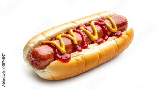 Classic hot dog with mustard and ketchup, isolated on a white background, soft bun and juicy sausage, perfect for food advertising or menu designs