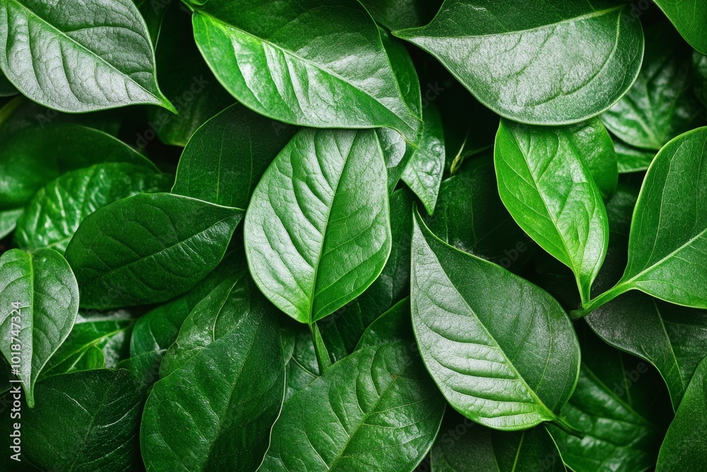 Fototapeta premium A close-up of tropical green foliage with intricate leaf textures, displaying the natural beauty of the leaves in high detail, ideal for botanical photography or wall decor.