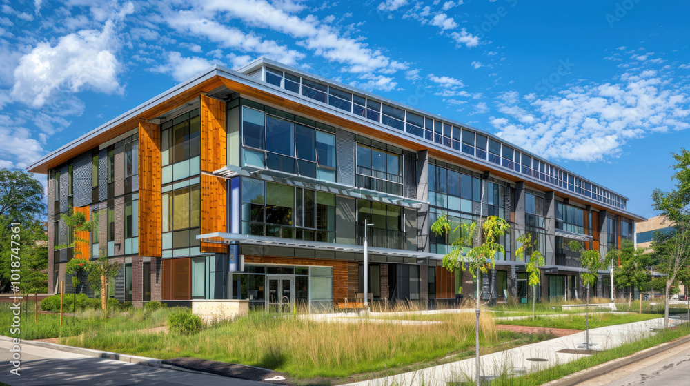 A green-certified building with solar panels, energy-efficient windows, and sustainable materials promoting eco-friendly construction A green-certified building with solar panels, energy-efficient windows, and sustainable materials promoting eco-friendly construction